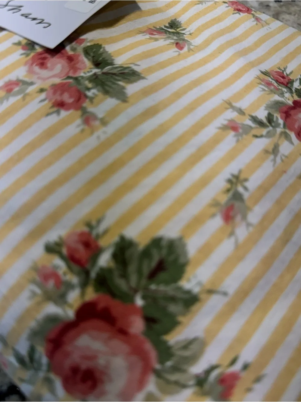 Ralph Lauren Pink Rose Stripe Ruffled pillow sham and twin plat sheet.